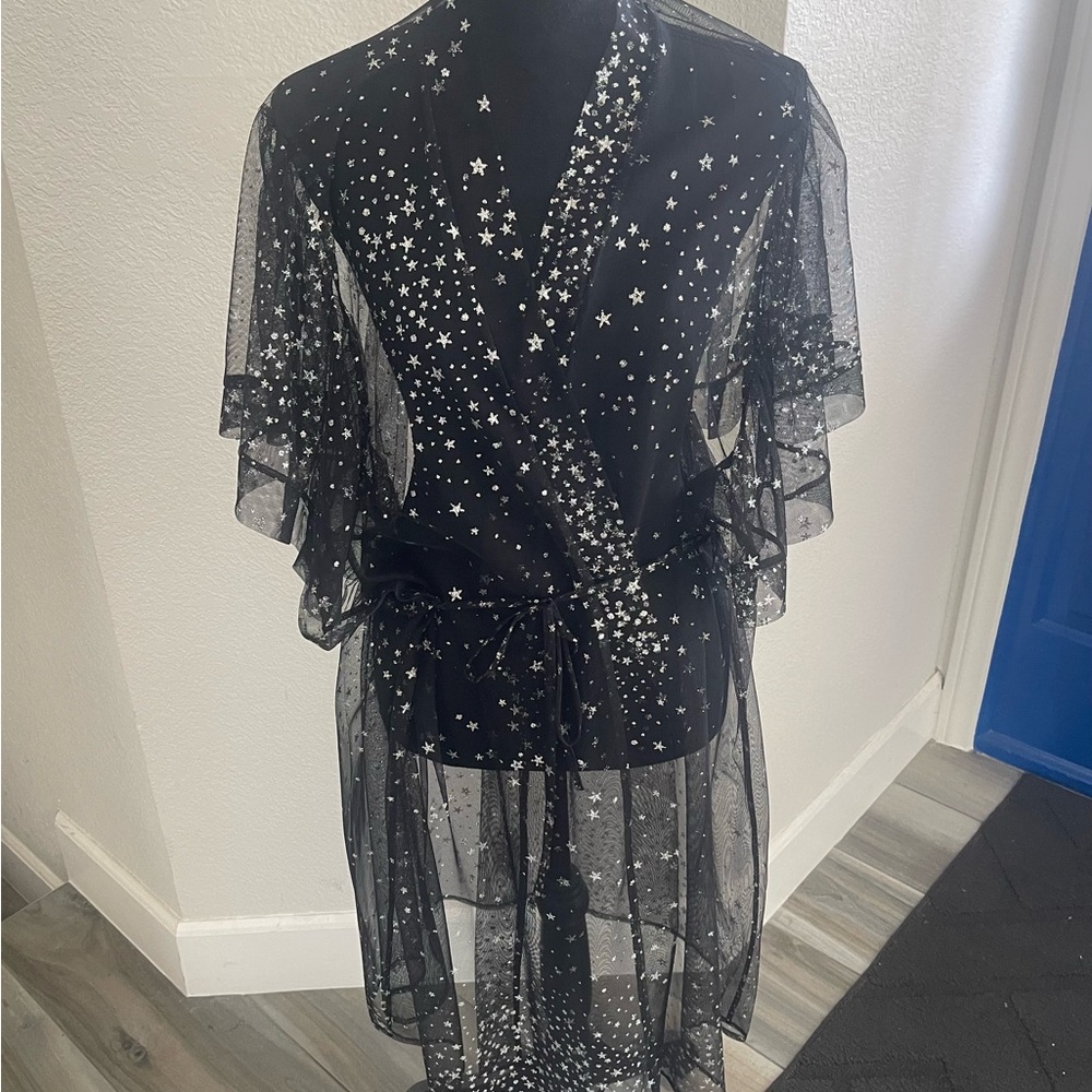 Sheer Black Star Print Kimono Cover-Up